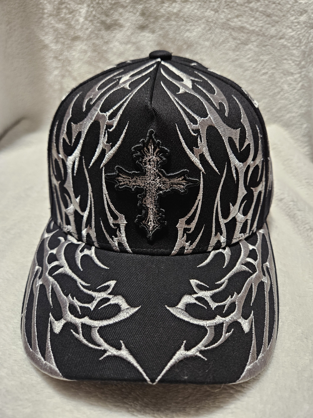 Black Embroidered Cross Trucker Hat